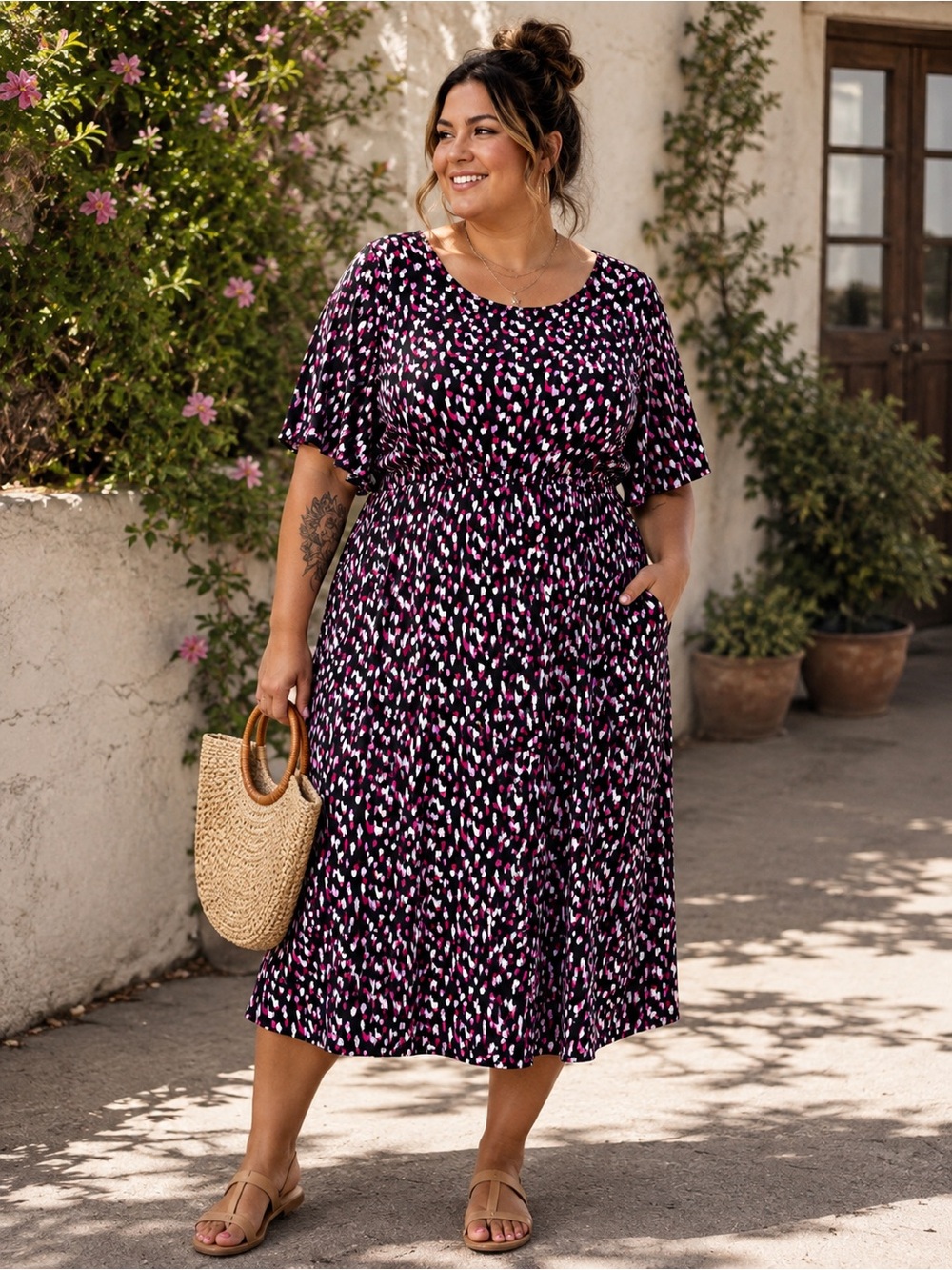 London Times Black, Pink & White Printed Midi Dress